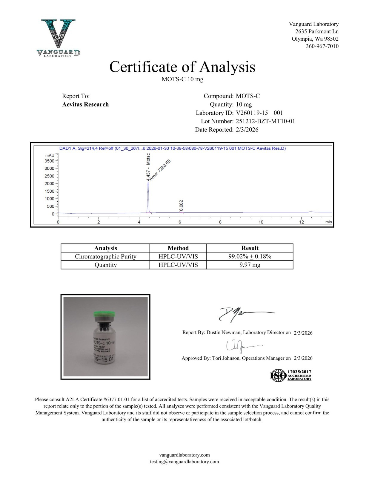 MOTS-C 10mg certificate of analysis