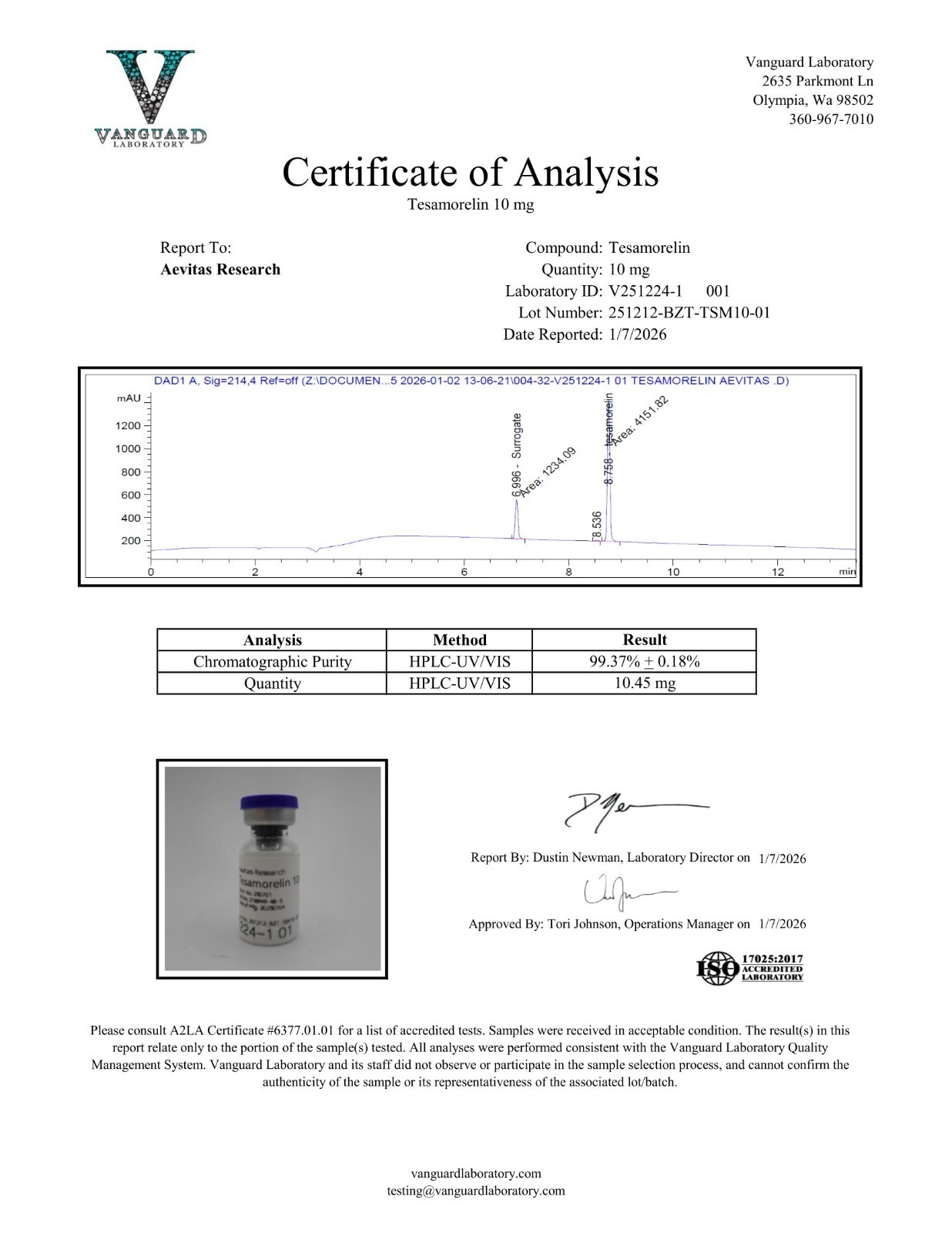 Tesamorelin 10mg certificate of analysis